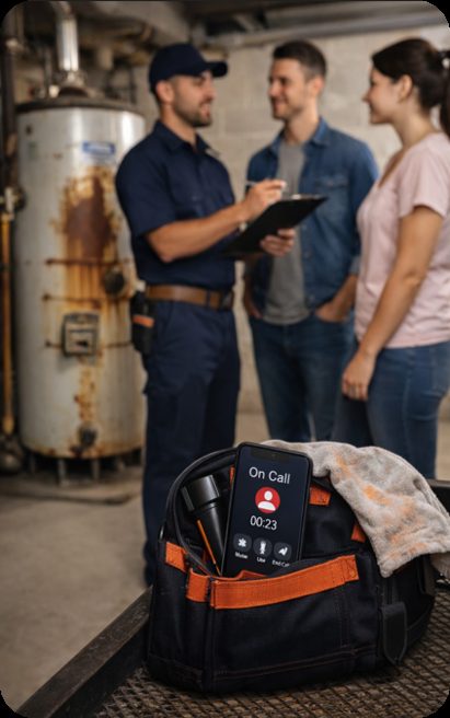 Plumber consulting with customers next to a leaking water heater, phone ringing in his tool bag